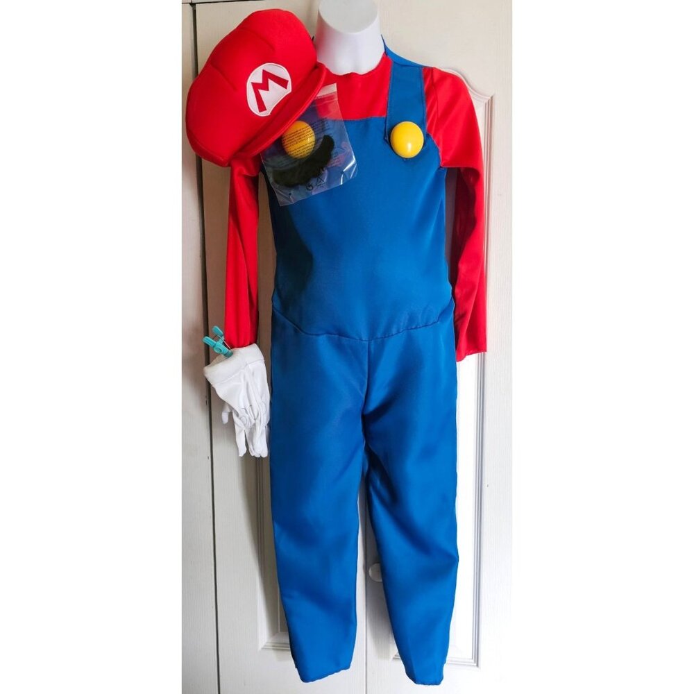 Super Mario Kids Costume 7-8 Gloves Plush Belly Jumpsuit Hat Halloween Boys Game